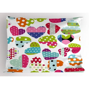 Ambesonne Colorful Pillow Sham, Heart Patches and Dots, 36" X 20", Multicolor