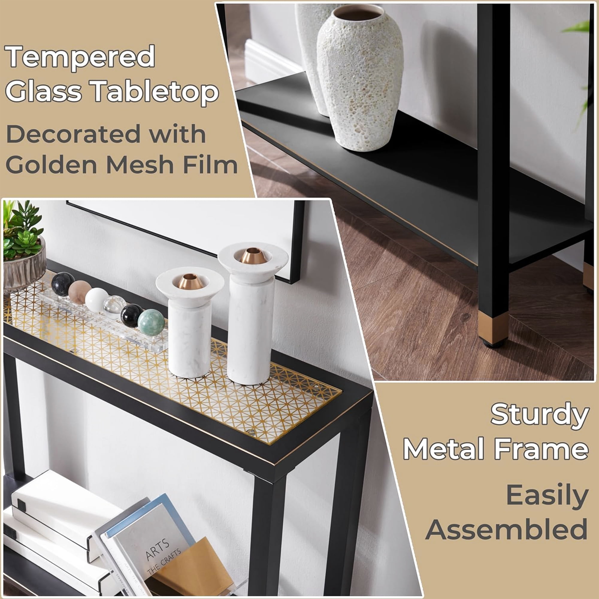 Leumius Glass Entryway Table, 2-Tier Entry Way Console Entrance Table, 41"L Narrow Sofa Table with Shelves for Hallway, Entryway, Living Room, Foyer, Corridor and Office Black