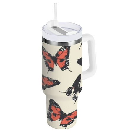 

30 Oz Car Handle Water Cup 9.9x3.5 Inch Stainless Steel Water Cup With Handle Water Cup Car Water Cup Travel Coffee Cup Beautiful Red Butterfly