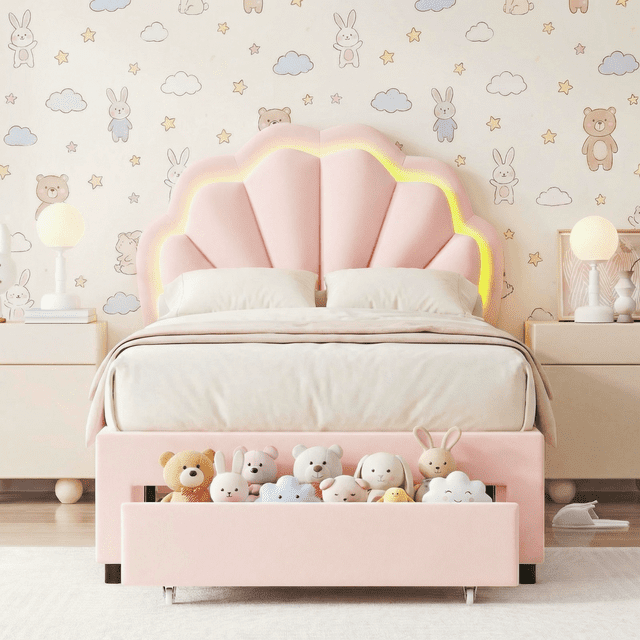 Homfa Cadre de Lit Simple avec Rangement et Lumière DEL, Lit Plateforme Simple Rembourré en Velours avec Tête de Lit à Pétales Ajustable, Rose