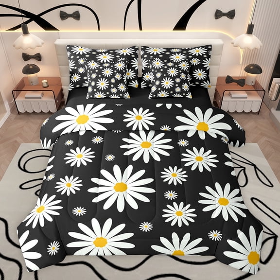 jejeloiu Kawaii Flowers Blossom 7-Piece Twin Bedding Sets,Cartoon Floral Bedding Comforter Set,White Cute Daisy Sheet Sets For Girls Teens,Luxury Bedroom Decor Reversible