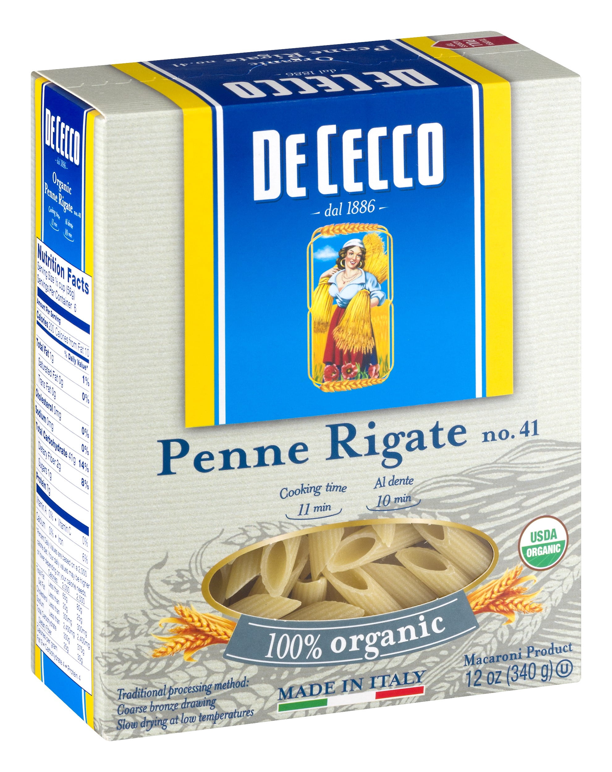 De Cecco 100% Organic Penne Rigate No.41 Pasta, 12 oz, Gluten-Free