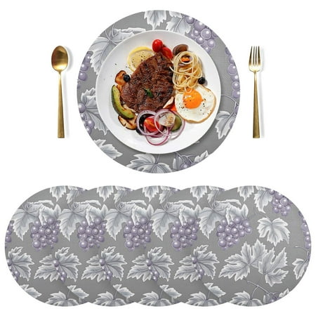 

Ryvnso Grape Print on Gray Round Plate Mats Dining Table Placemat Set of 6 for Holiday Decoration