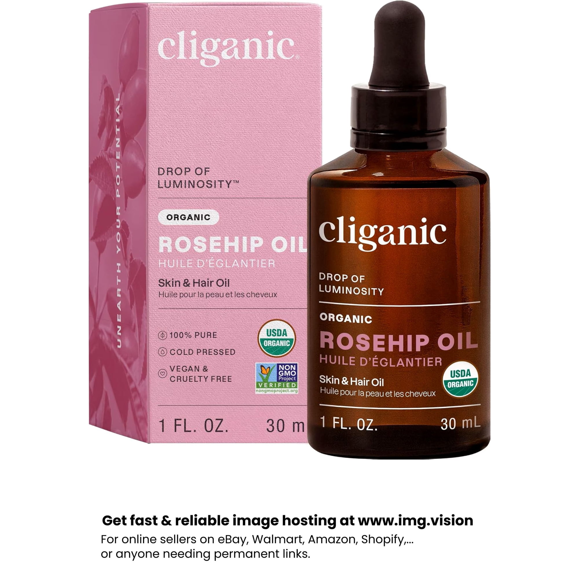 Cliganic Organic Rosehip Oil for Face, Radiance-Boosting Hydrator, for All Skin Types, 1 fl oz