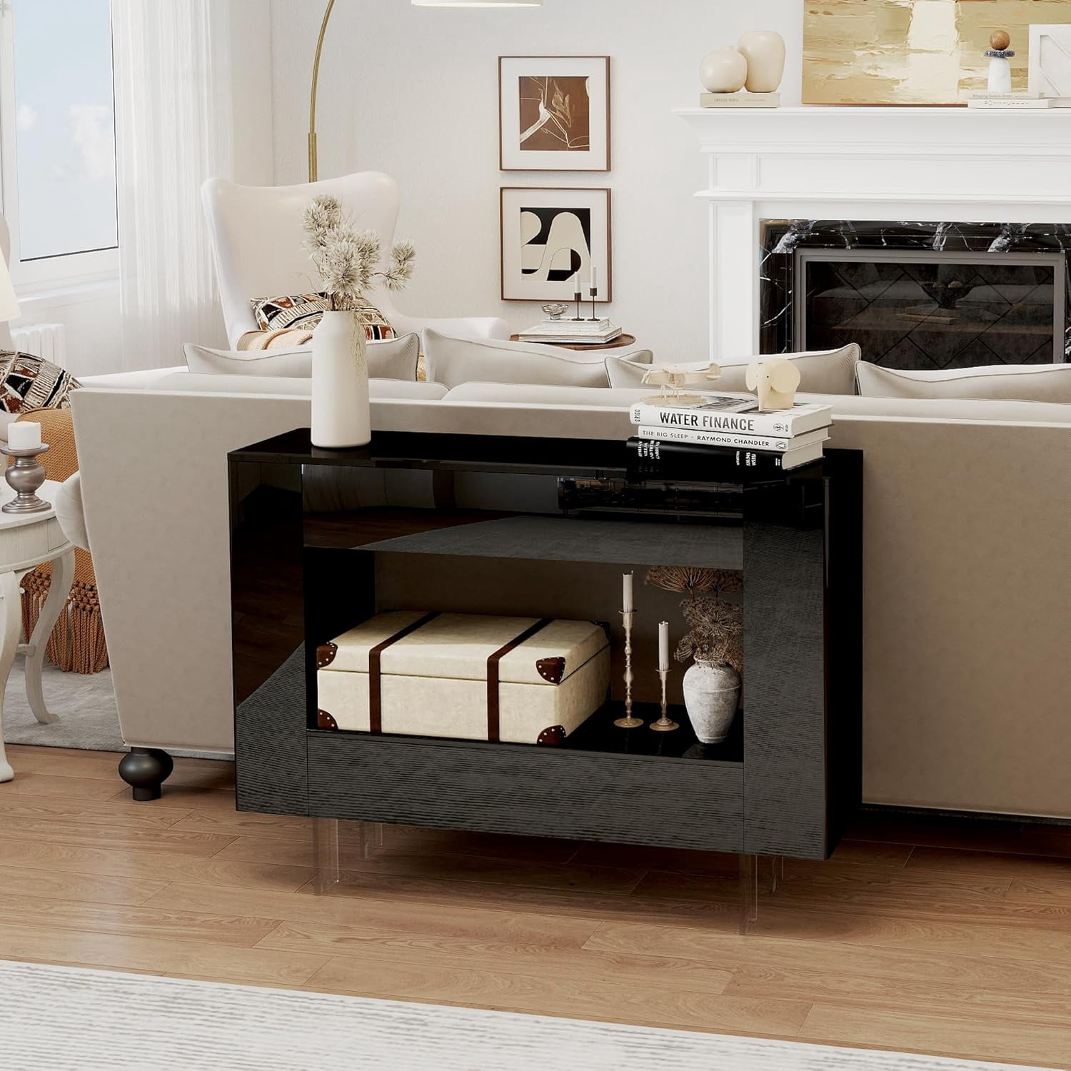 47-Inch Modern Black High Gloss Console Table with Hidden Side Storage Cabinets and Adjustable Shelves, Entryway Sofa Table