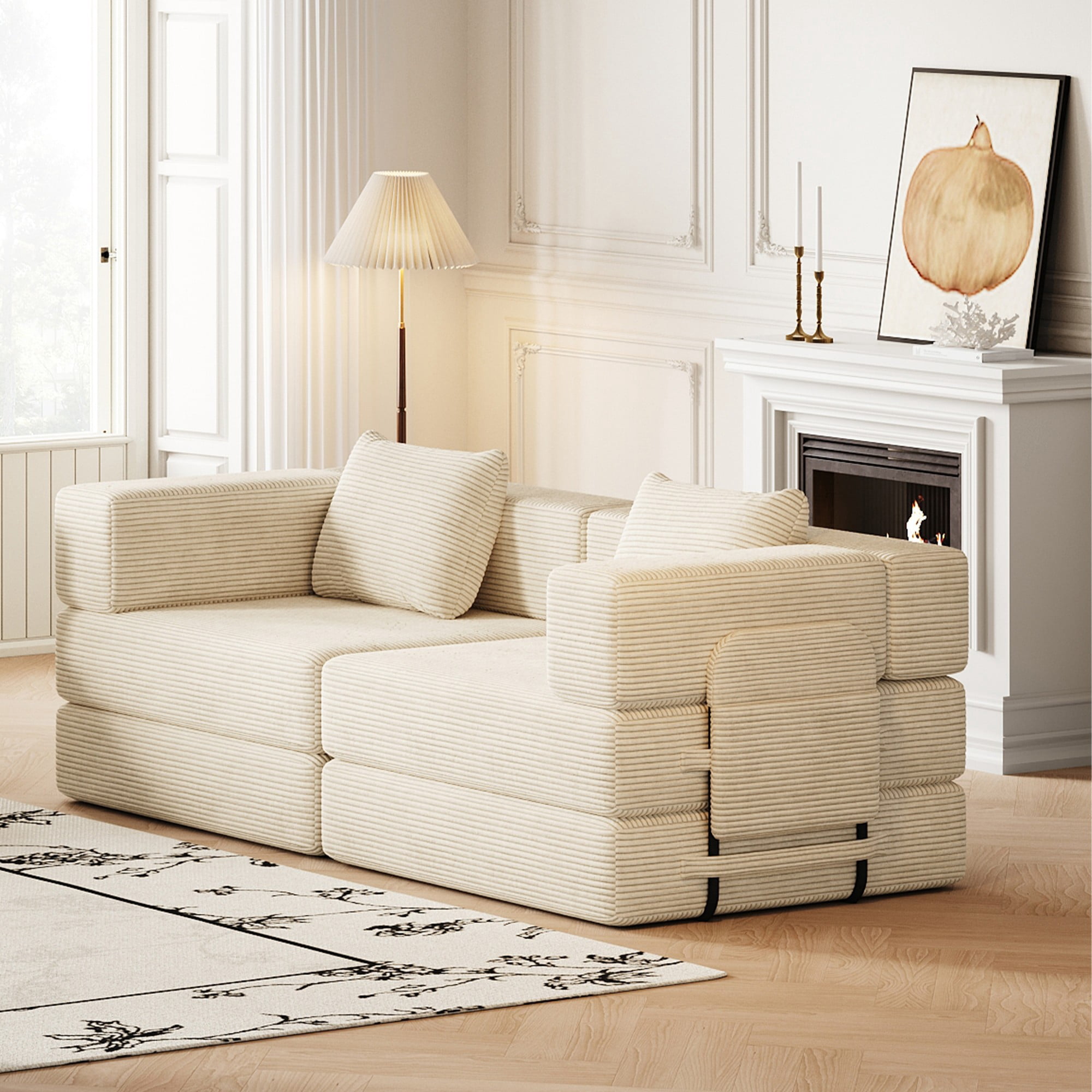 72" Convertible Corduroy Sofa Bed,Folding Sleeper Couch with Two Side Storage Pockets & Two Cushions for Living Room,Bedroom,Beige
