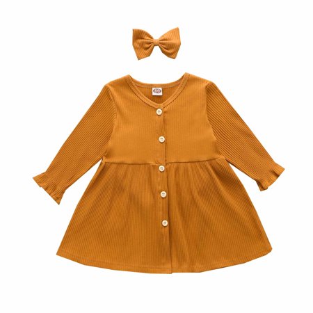 

Baby Girl Clothes Spring Fall Rainbow Butterfly Print Long Sleeve Skirt Bow Headband Suit Sets Kids Cute Dress (6-12 Months YellowA1)