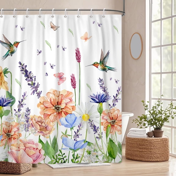 Pbobriich Spring Floral Shower Curtains,Watercolor Hummingbird Bath Curtains,Spring Summer Bathroom Curtain Decor with Hooks,72"x72"