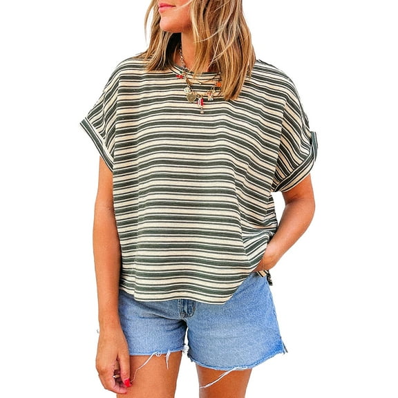 Women's Green Stripe Textured Crew Neck T-Shirt with Side Slits - [ZhiHiMeRi] | (US 12-14)L
