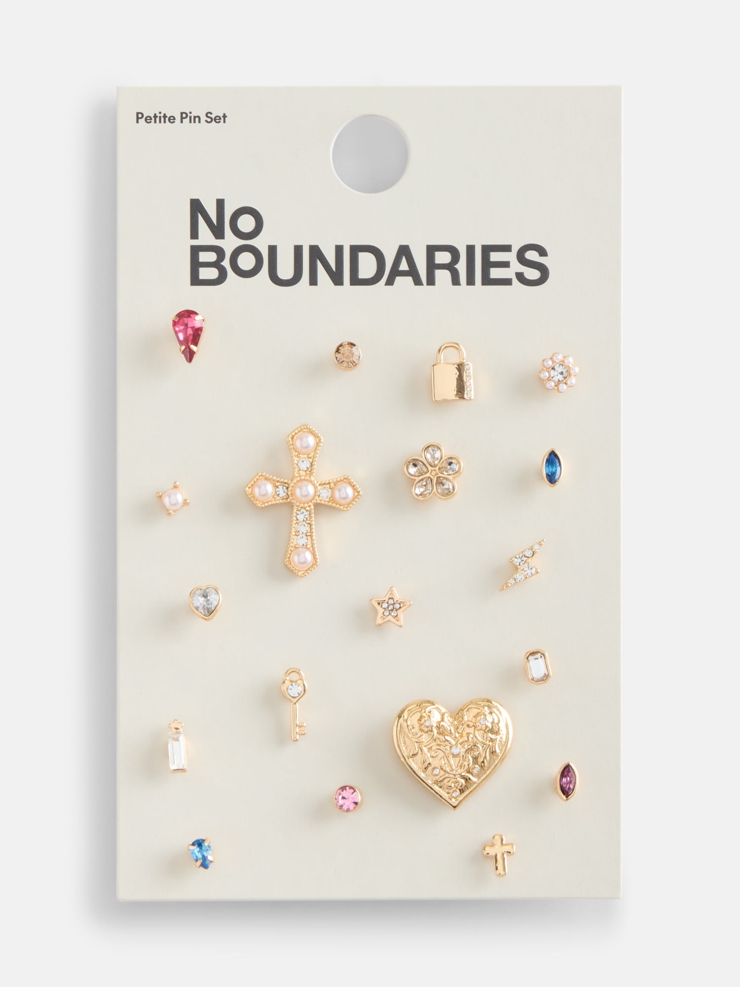 No Boundaries Women’s Gold Tone Pins Set with Heart and Cross, 19 Pieces