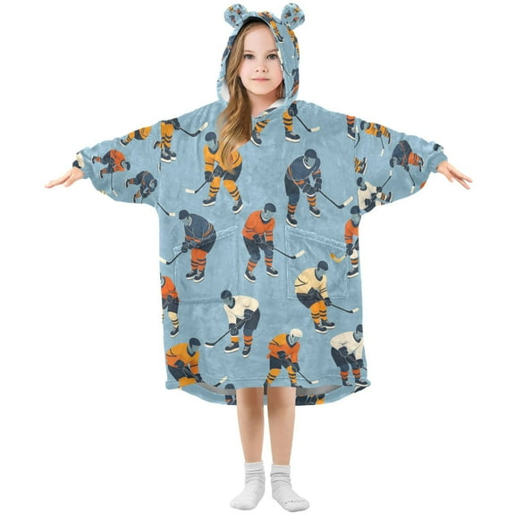 FORMRS Wearable Blanket Hoodie with Sleeves for Kids Cozy Flannel Sweatshirt, Blue Hockey Pattern