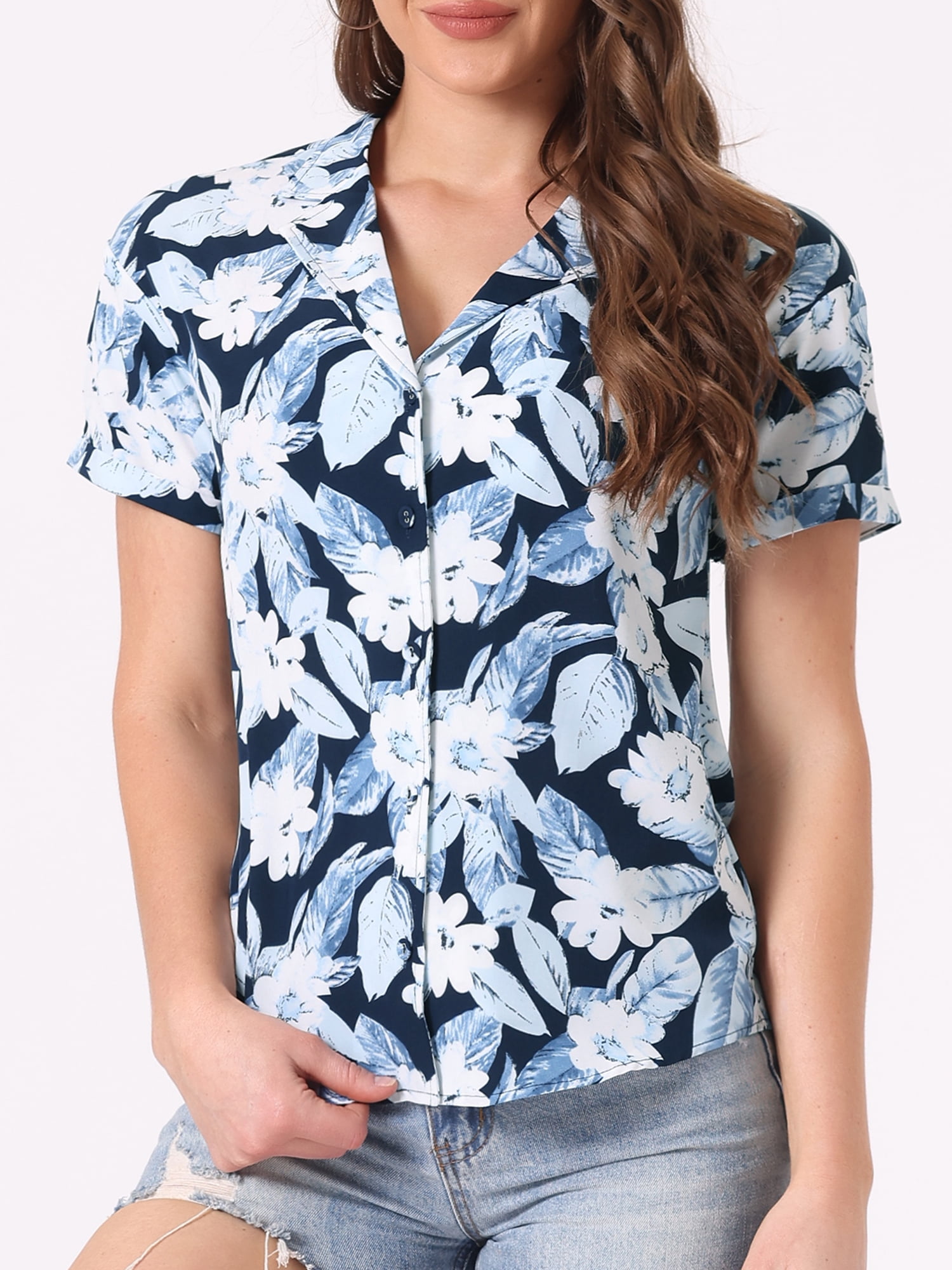 DARING DIVA Floral Leaves Print Short Sleeve Beach Top M Deep Blue