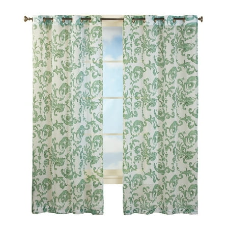 Grommet Top Sheer Curtain Panel With Floral Scroll Linen Pattern