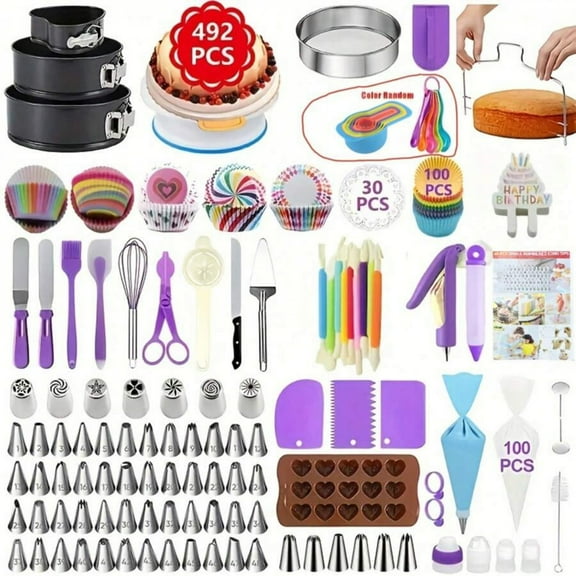 492 Pcs Cake Decorating Kit With Baking Supplies- Cake Turntable For Decorating With Baking Pans, Leveler, 48 Numbered Piping Tips, 2 Spatulas,Cream Decoration Tips, Decorative Bags & More