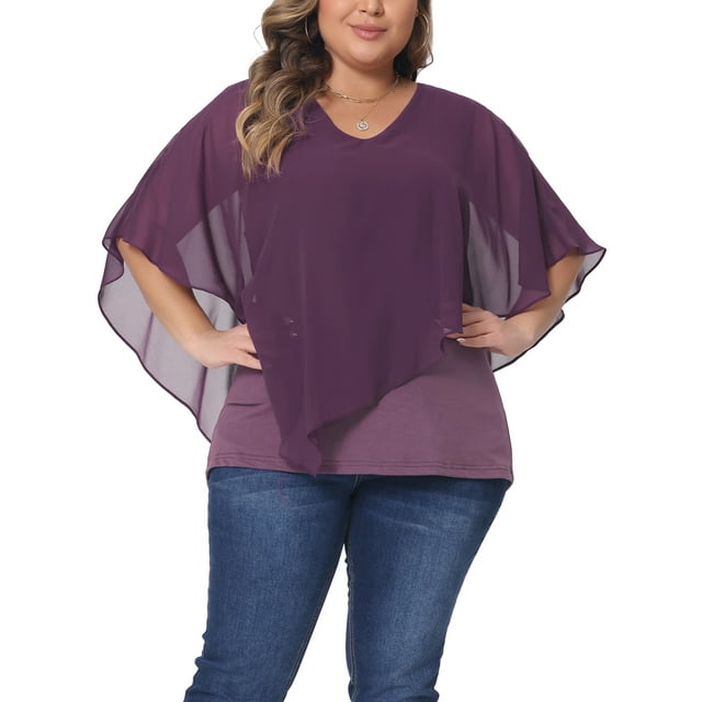 Blusa de chiffon de doble capa con cuello en V para mujeres de tallas grandes Agnes Orinda, para el Día de la Madre, 4X, color púrpura