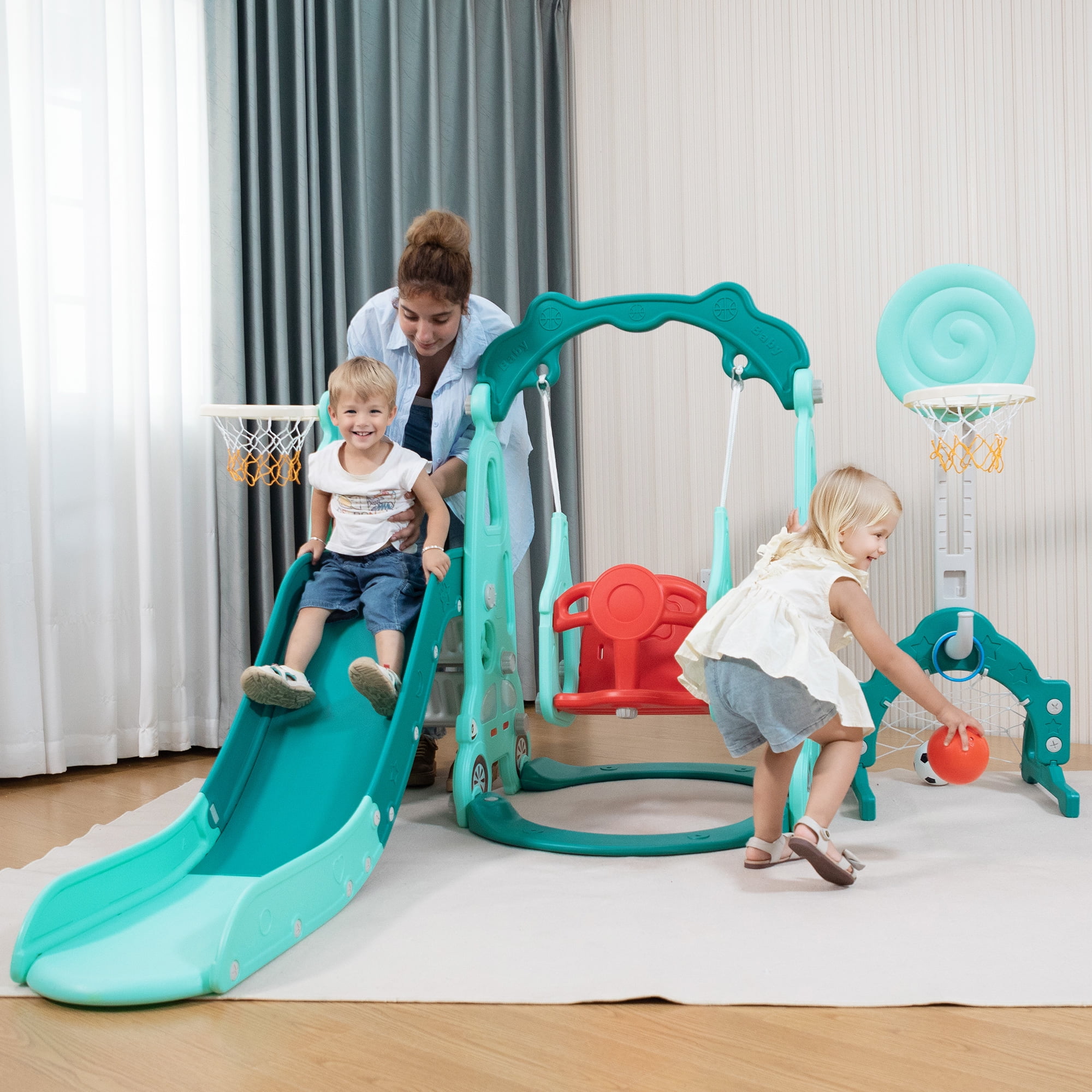 NYEEKOY 5 in 1 Toddler Slide and Swing Set, Indoor and Outdoor Kids Playset with Slide, Swing, Climber, Basketball Hoop and Ring Toss Game, Kids Slide and Swing Playground for Toddlers Age 1-8
