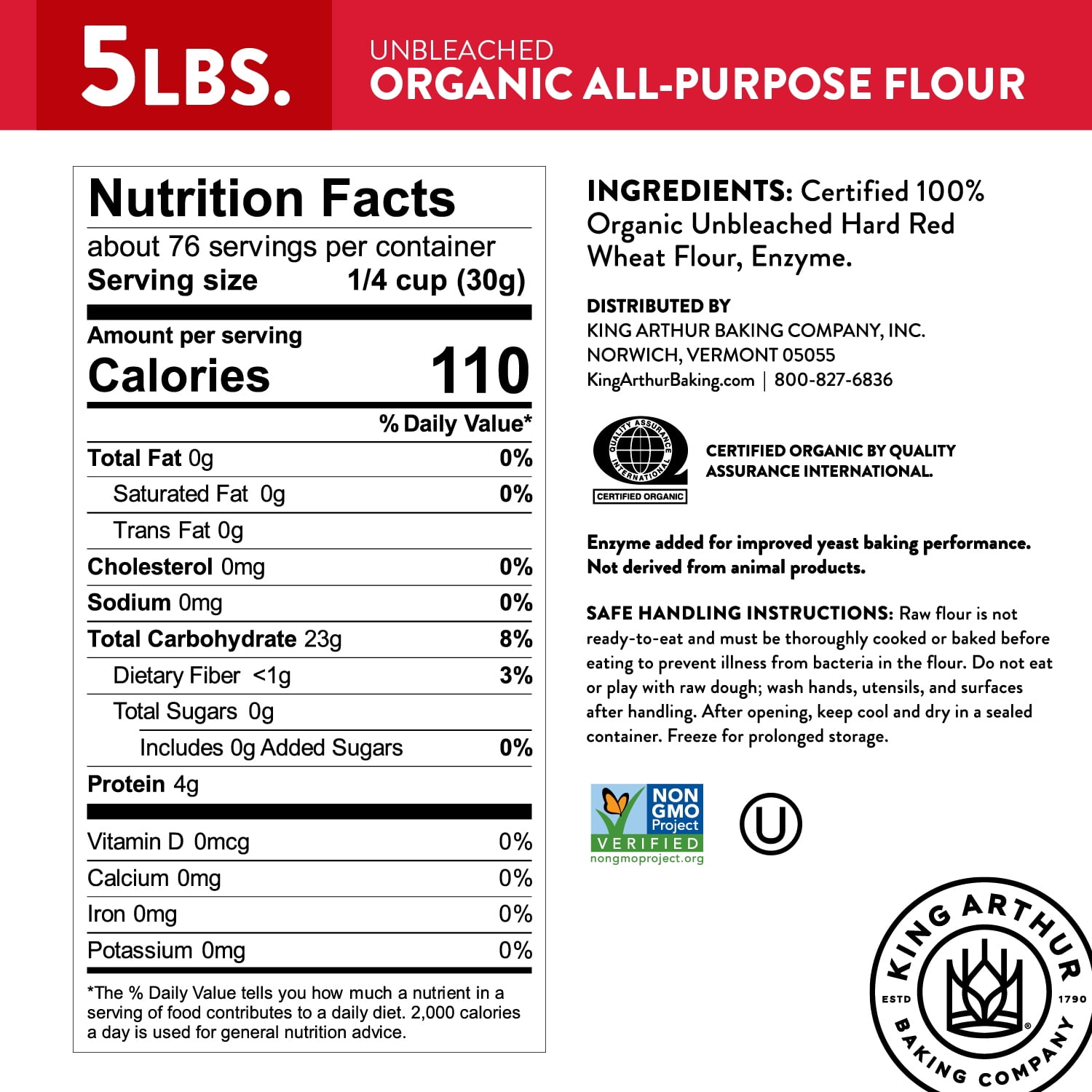 (6 pack) King Arthur Baking Company USDA Organic, Non-GMO Project Verified Unbleached All-Purpose Flour, 5 lb Bag