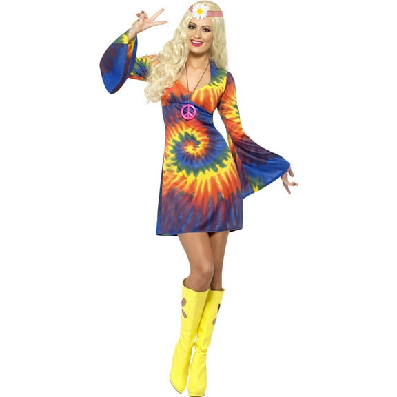 Women's 1960s Groovy Psychedellic Tye Dye Hippie Peace Dress Costume Large 14-16