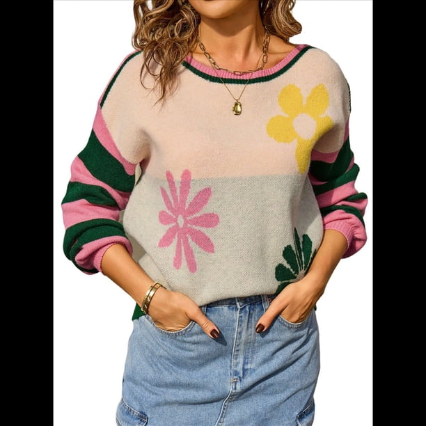 Suéter de Punto de Larga para Mujer, Otoño-Invierno, Moda Floral, Rayas, Cuello Redondo, Tops Tipo Jersey Verde XL