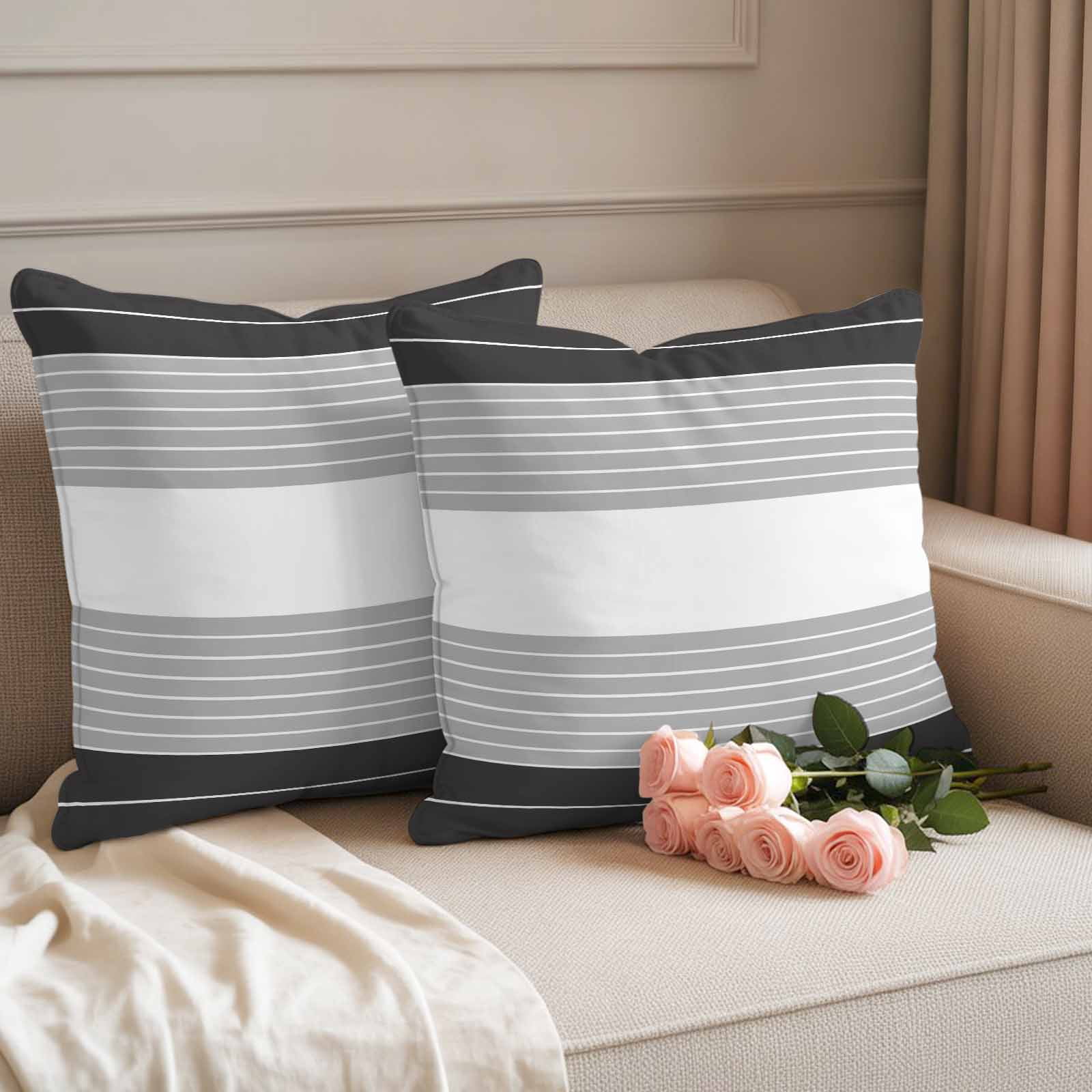 Black Grey Stripe Outdoor Waterproof Pillow Covers, Modern Art Horizontal Striped Decorative Square Throw Pillowcase Sofa Cushion Sham for Patio/Couch/Chair, 18"x18" 2 Pack