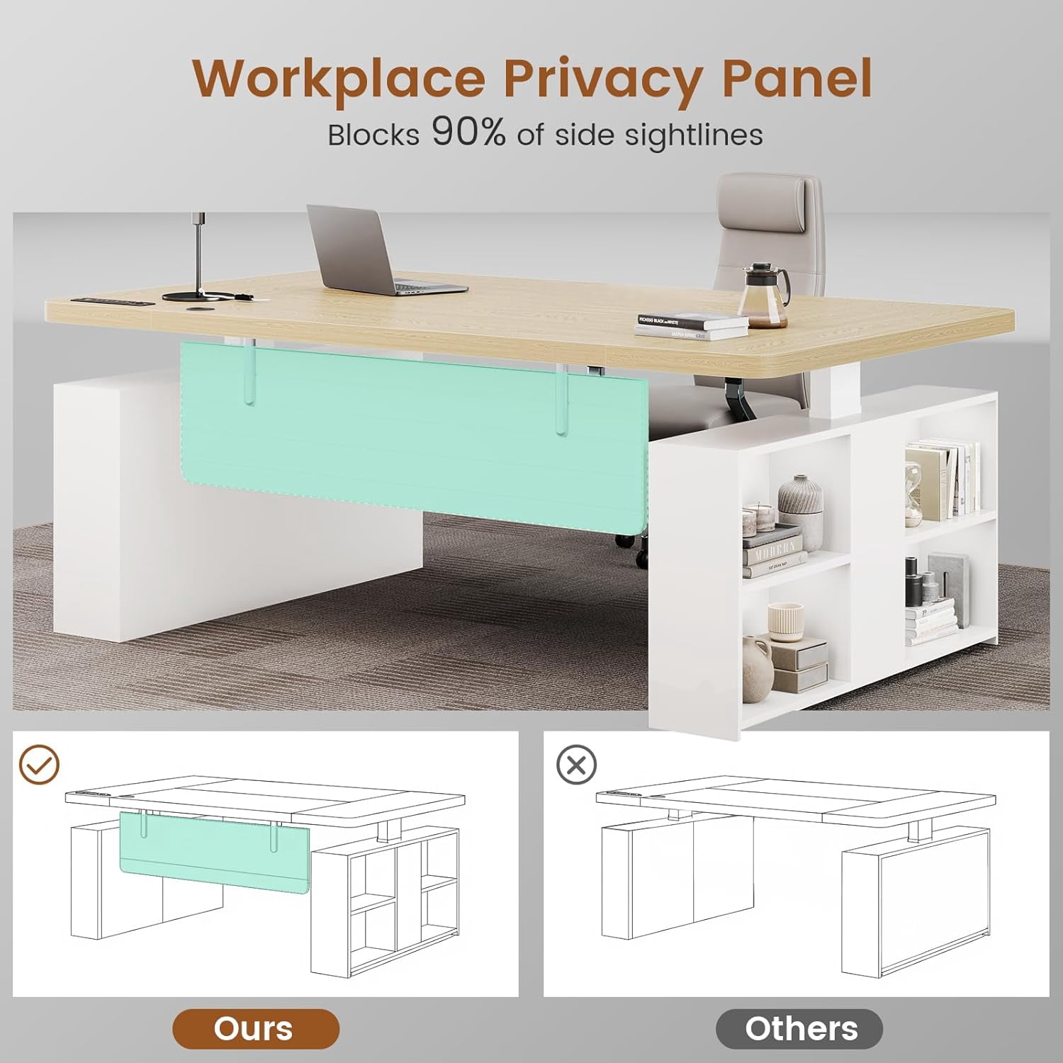 SEDETA 63" Standing Office Desk with Storage, Height Adjustable Executive Desk witj Power Outlets & Open Shelves, Large Computer Desk with Privacy Panel for Home Office, White