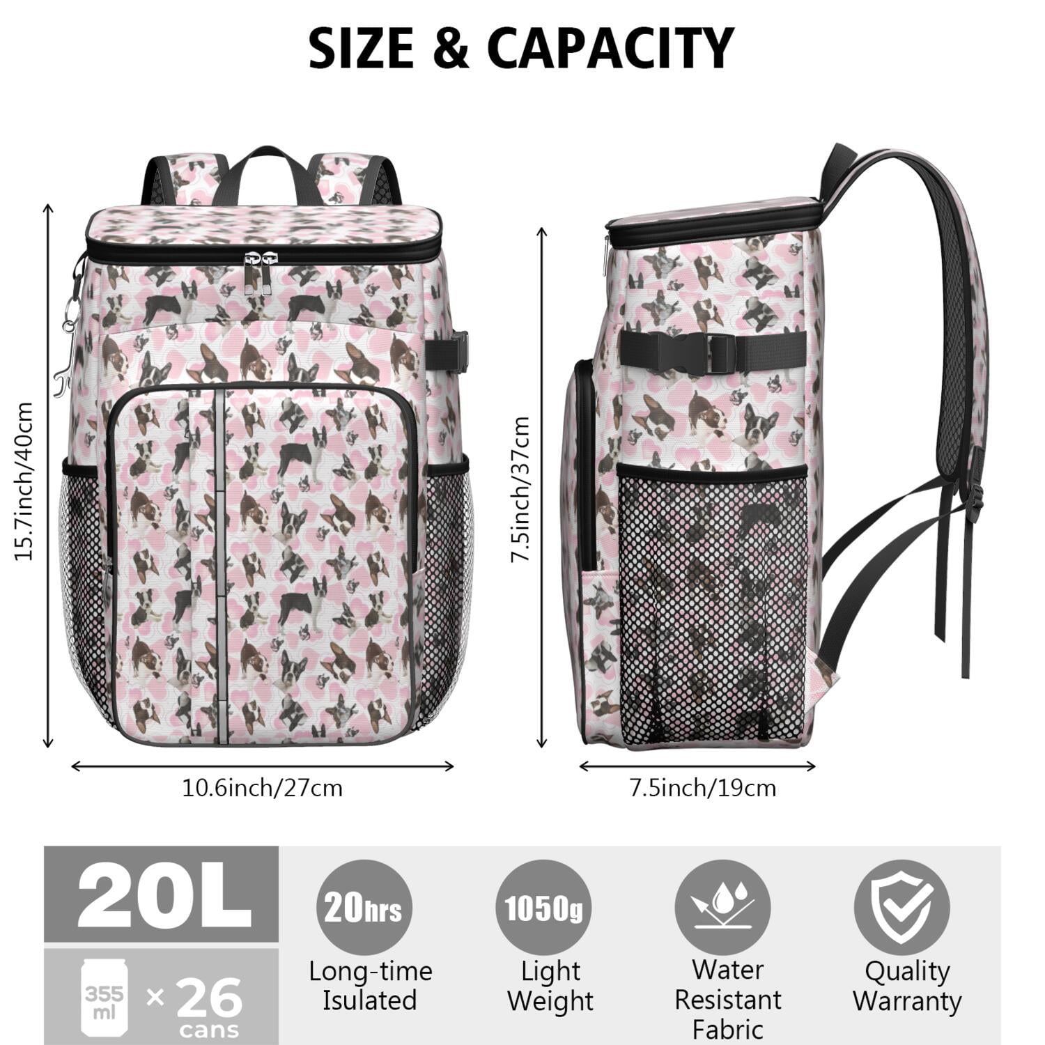 Travel Cooler Bag - Cute Boston Terrier Dog and Pink Love Heart Camping Beer Cooler Backpack with Bottle Opener- Waterproof Insulated Picnic Backpacks - Cooler Bag for Beach