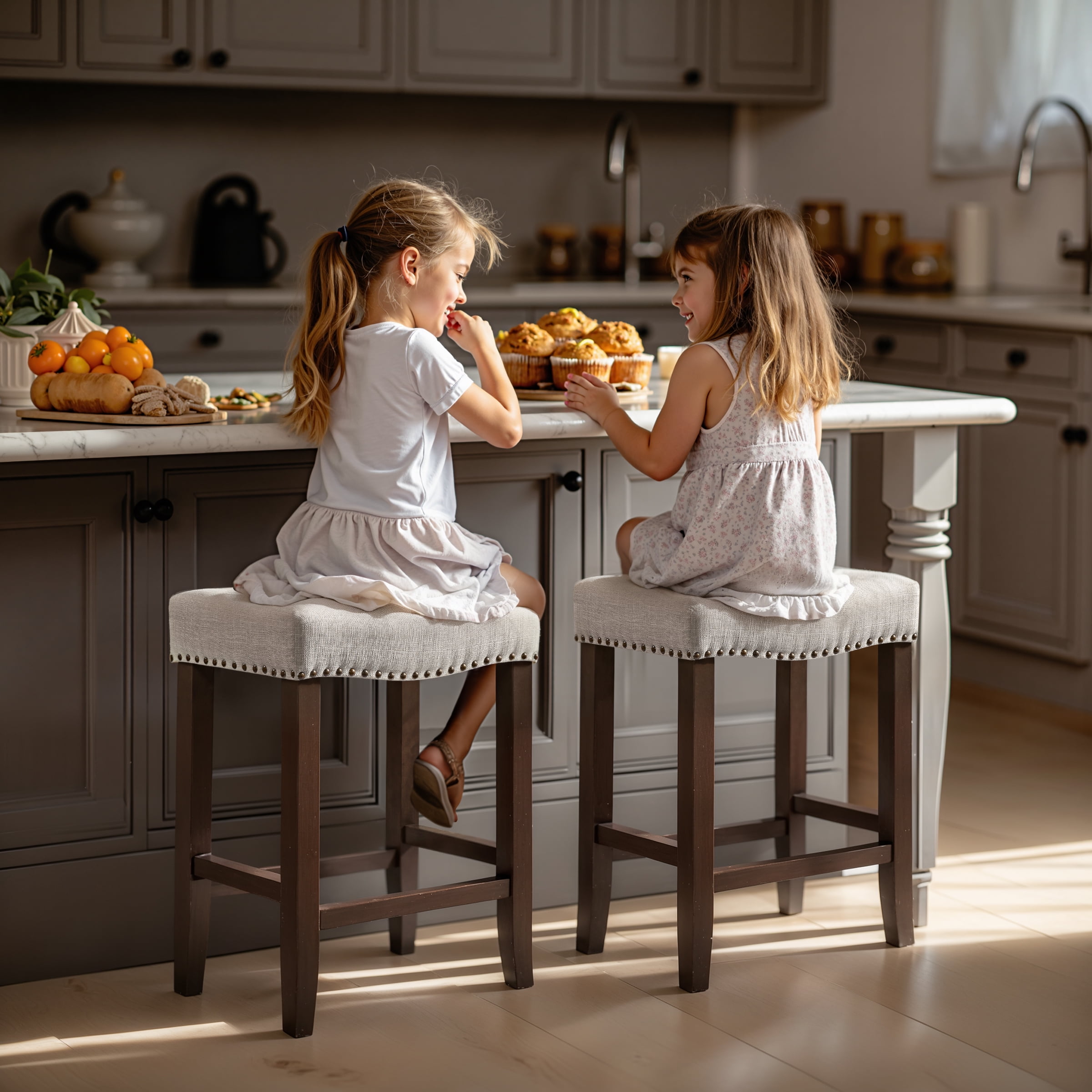 Subrtex Bar Stool Set of 2, 24" Backless Saddle Counter Height Kitchen Stool, Upholstered, Gray