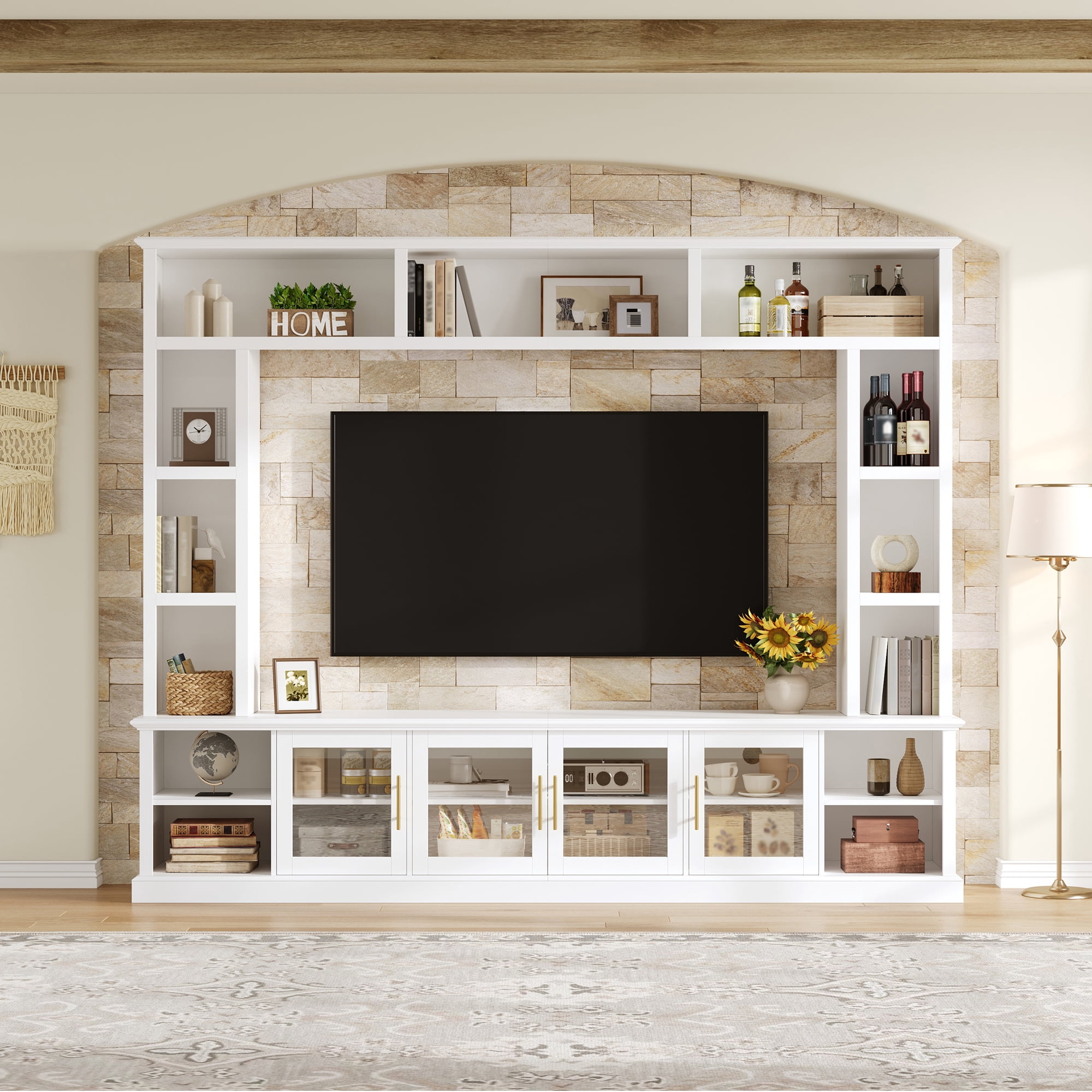 Euroco Entertainment Center Wall Unit for TVs up to 80", All-in-One Modern Entertainment Center with Bookshelves & Tempered Glass Doors, TV Console Unit with Shelving for Living Room, Entertainment