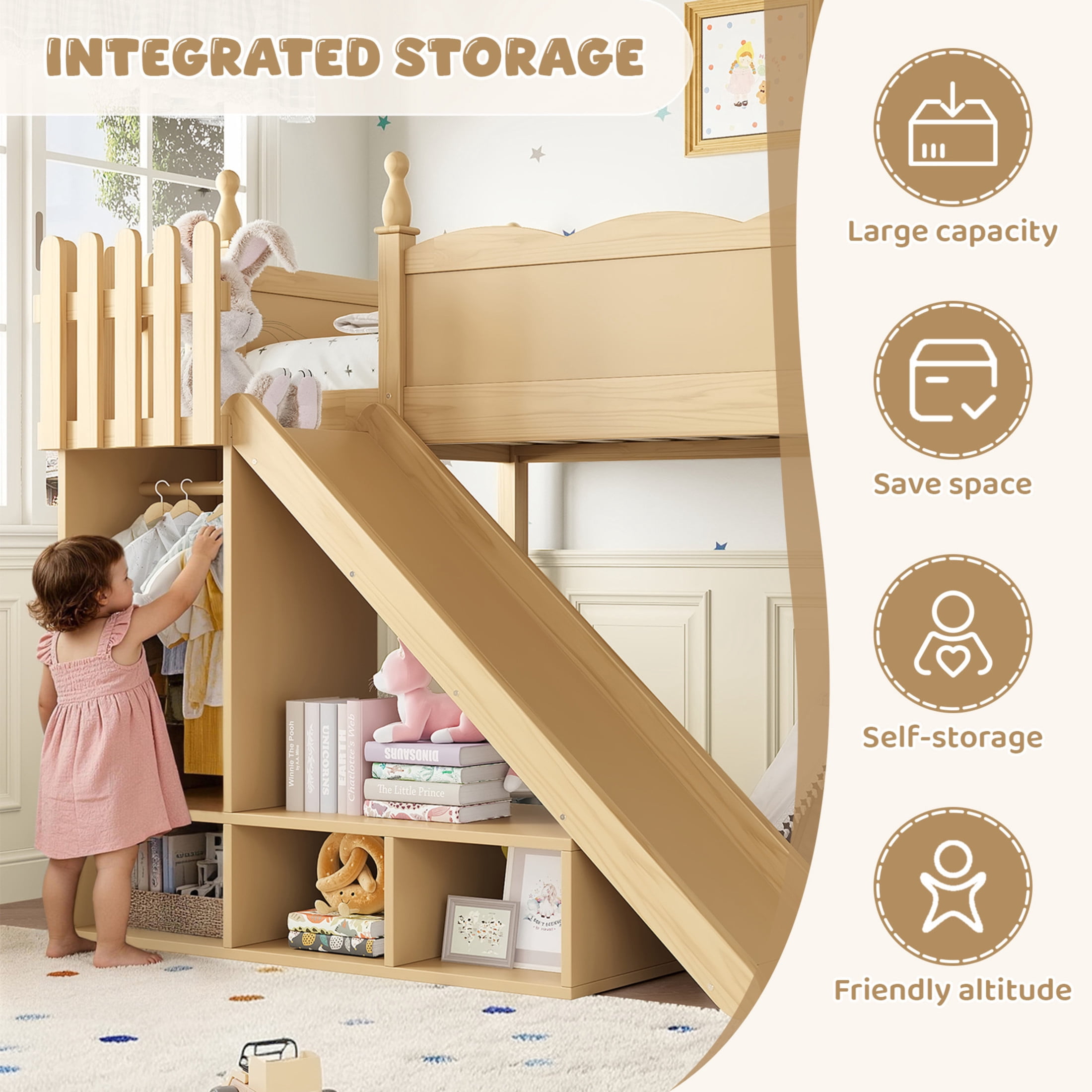 Noble House Full Loft Bed with Storage Shelves, Detachable Slide and Ladder, Natural