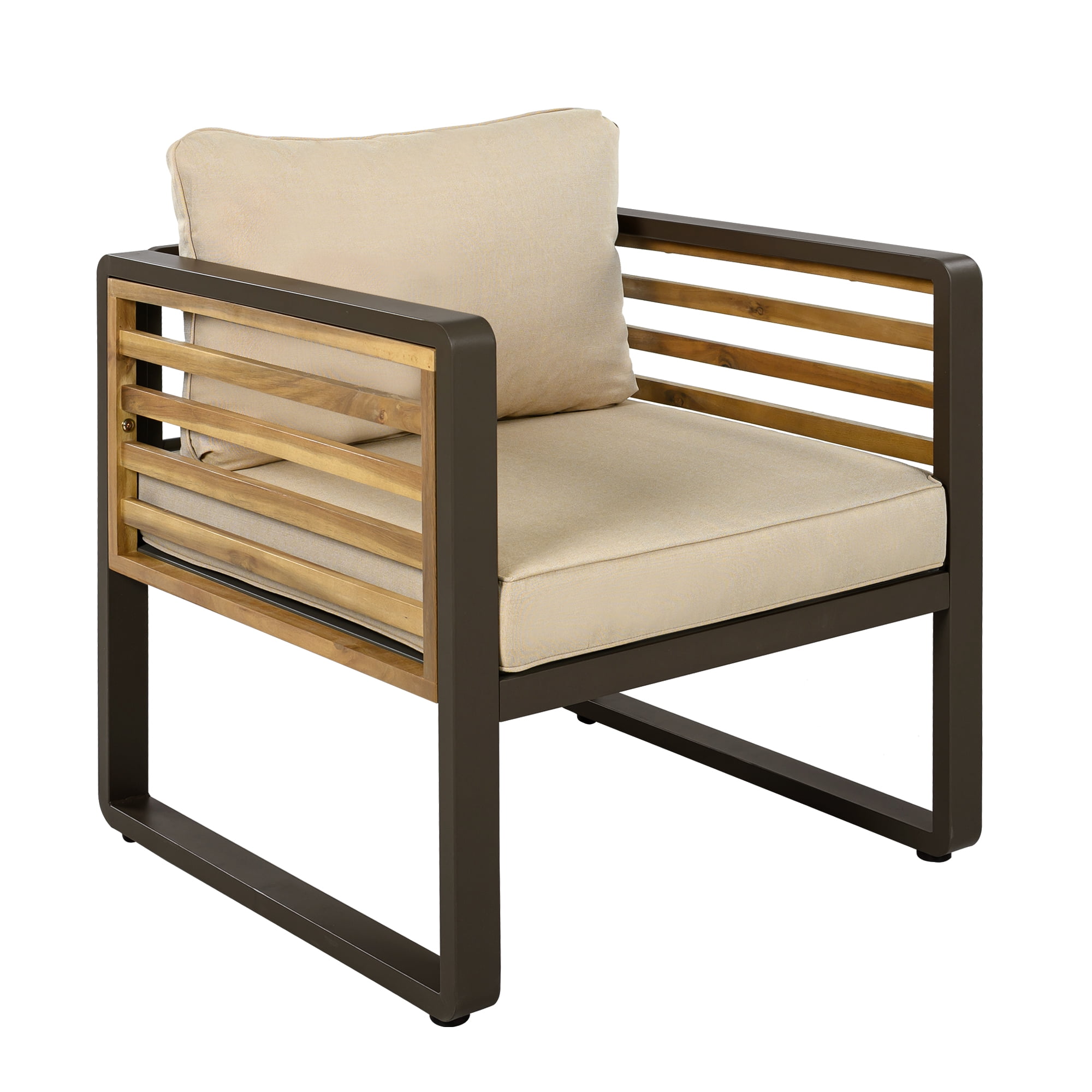 YIORTWO 4-Piece Outdoor Acacia Wood Conversation Set with 4" Thick Cushions, Brown Metal Sofa Set for 5 People, Patio Furniture with Adjustable Feet