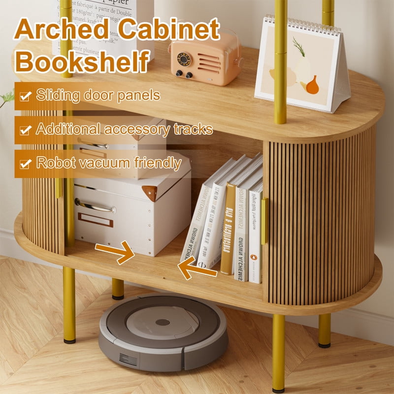 71" Tall Fluted Arched Bookshelf with Sliding Doors, Mid Century Modern Metal Curved Bookshelf Cabinet with Storage and Adjustable Footpad, 4-Tier Open Display Storage Shelf for Home, Living Room