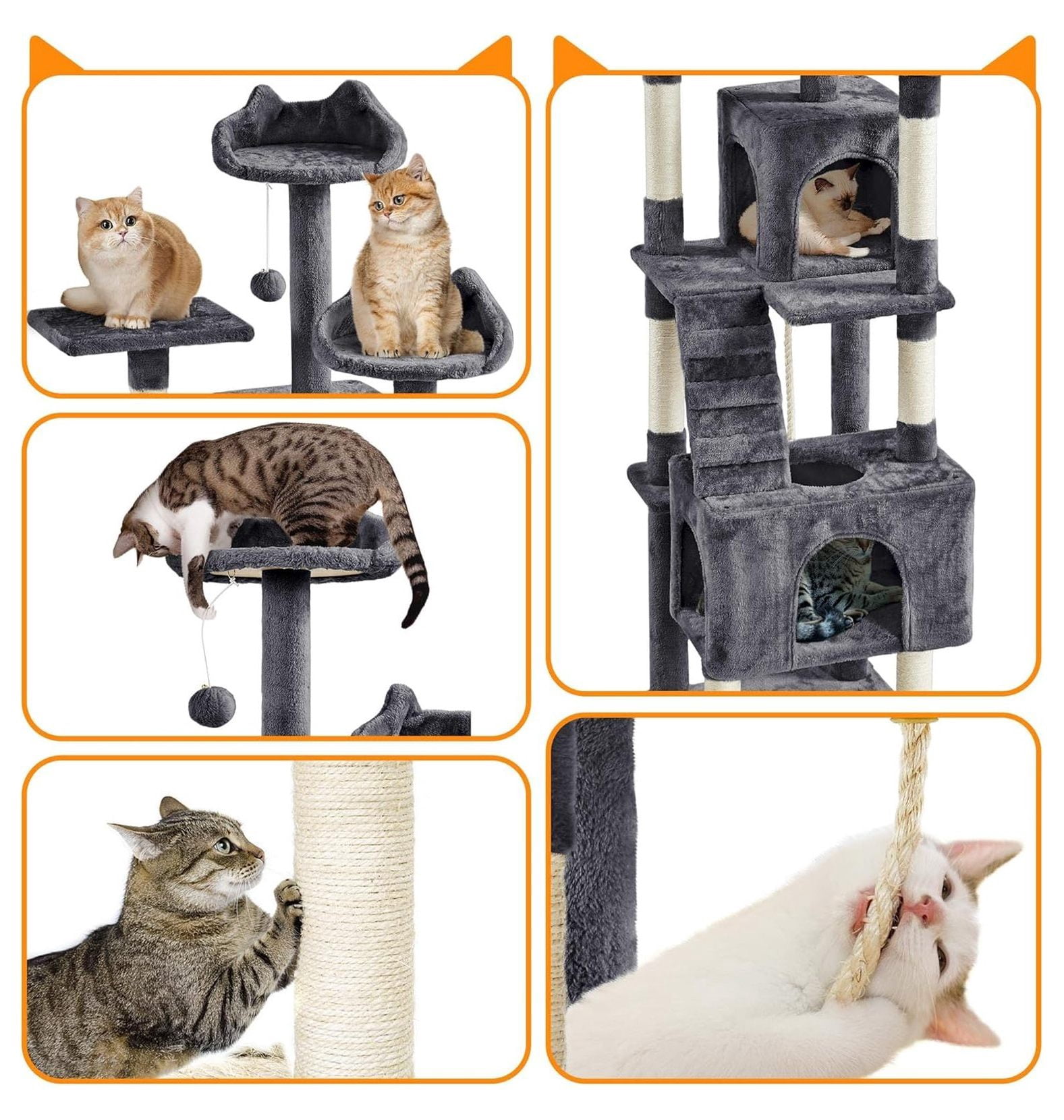 72in Cat Tree for Indoor Cats, Multi-Level Tower with Scratching Posts, 3 Perches, Condo, Pet Furniture Activity Center Play House