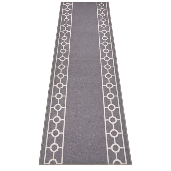 Custom Size Runner Rug Skid Resistant Backing Bordered Rug Runner Chain Border Gray Color Cut to Size Roll Runner Rugs By Feet Customize in USA Facility