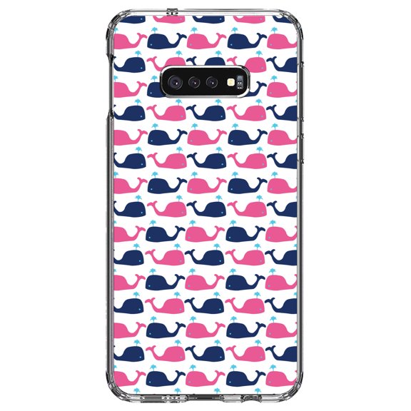 DistinctInk Clear Shockproof Hybrid Case for Samsung Galaxy S10e (5.8" Screen) - TPU Bumper, Acrylic Back, Tempered Glass Screen Protector - Pink Navy Cartoon Whales - Cartoon Whales