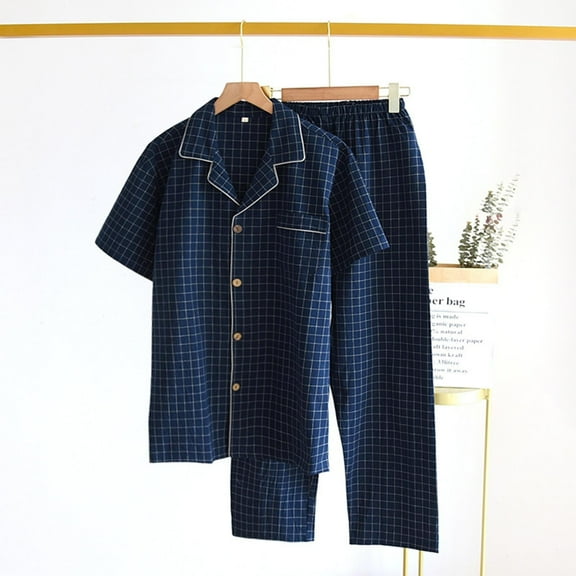 LWITHSZG Mens Pajamas Set Cotton Short Sleeve Button Down Shirts and Pajama Pants 2 Piece Outfits Summer Trendy Plaid Lounge Sets