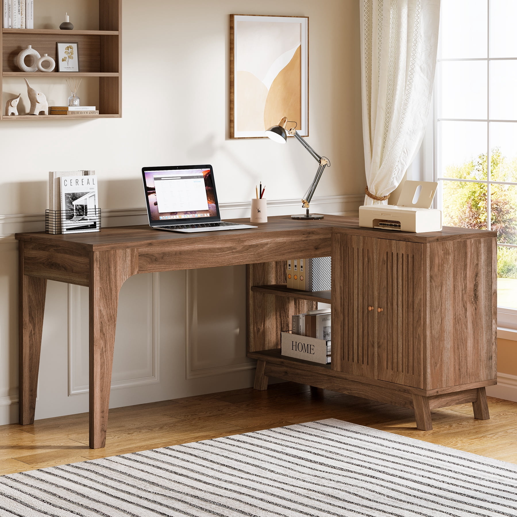 Tribesigns 57-Inch Wood L-Shaped Corner Computer Desk for Home Office, Walnut
