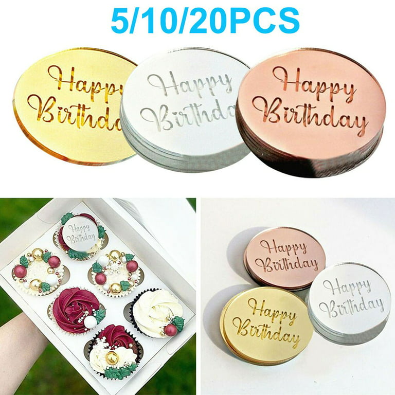 12pcs Acrylic Cake Disc, Happy Birthday Cake Disc Cupcake Toppers, Engraved  Topper,Mini Acrylic Cake Toppers (Gold Mirror)
