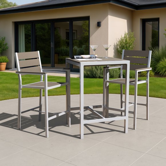 CorLiving Gallant 3-Piece Aluminum and Poly-Wood Outdoor Bar Height Dining Set with Square Table and 2 Chairs, Silver Grey/Taupe