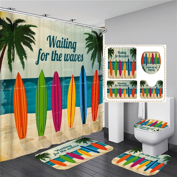 Beach Scenery Bath Curtain Ocean Surfing Surfboard Printed Shower Curtain Polyester Waterproof Bath Screen For Gift with Hooks
