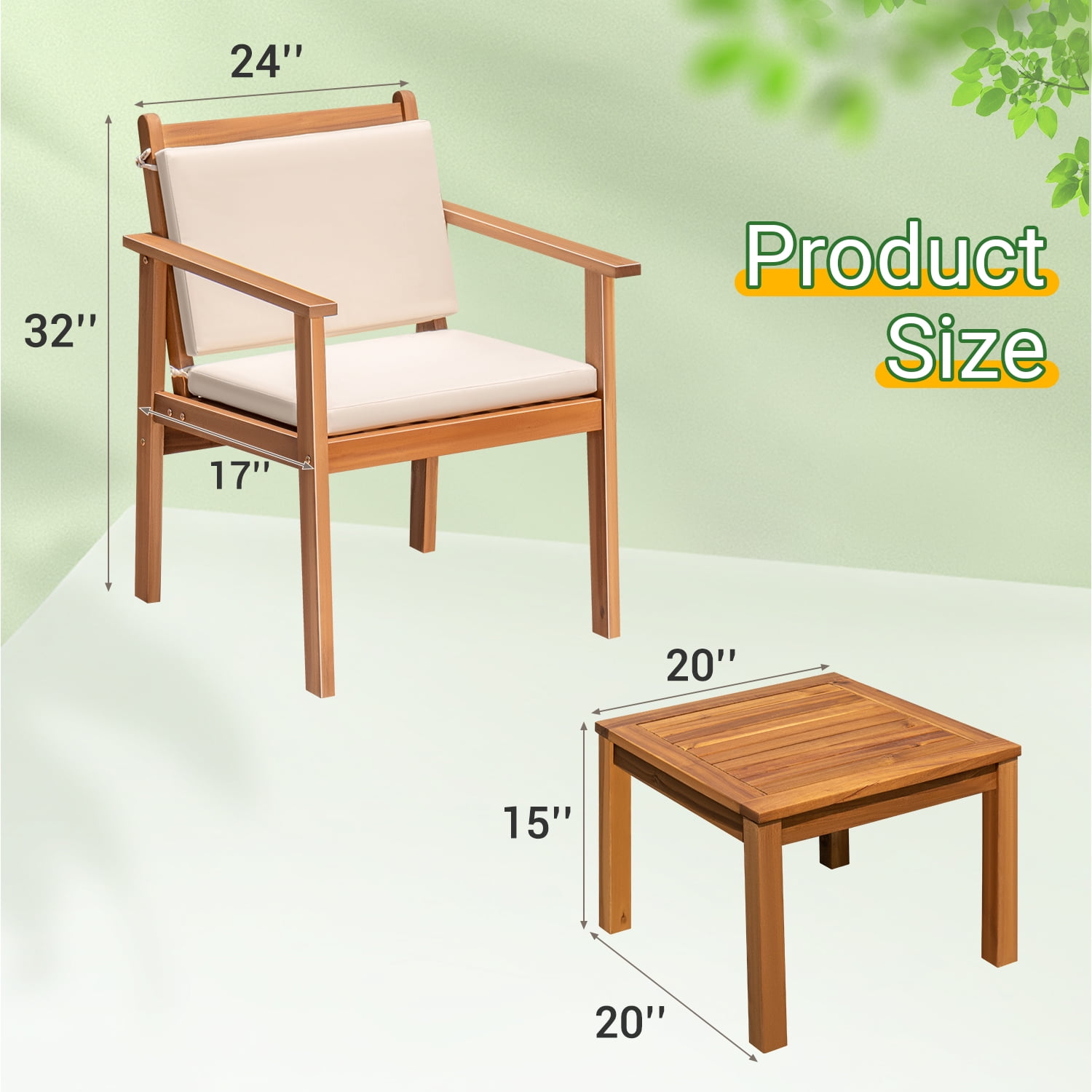 Devoko 3 Pieces Wood Patio Conversation Set Acacia Outdoor Furniture Set with Cushions and Side Table for Porch, Yard and Balcony, Beige