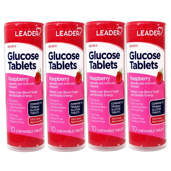 4 Pack - LEADER Glucose Tablets, Energy and Blood Sugar Support, Raspberry Flavor, 10 Count Travel Size