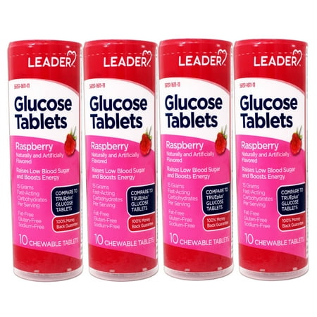 4 Pack - LEADER Glucose Tablets, Energy and Blood Sugar Support, Raspberry Flavor, 10 Count Travel Size