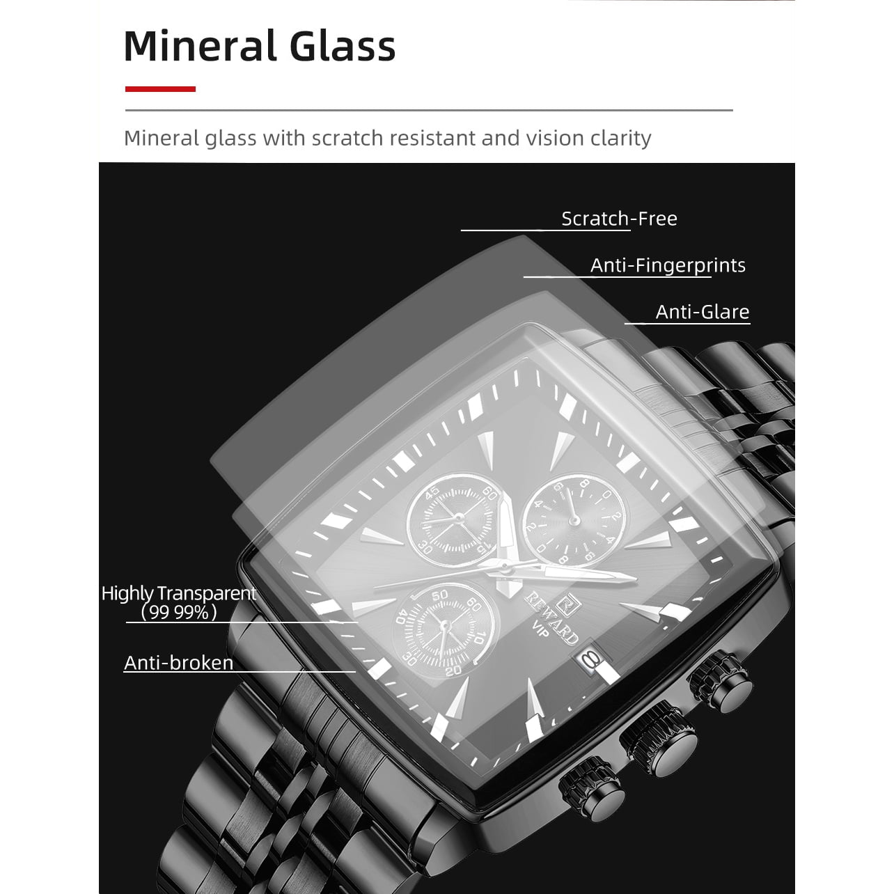 Square Watches for Men Black Stainless Steel Chronograph Fashion Business Watch Luminous Waterproof Casual Wrist Watches