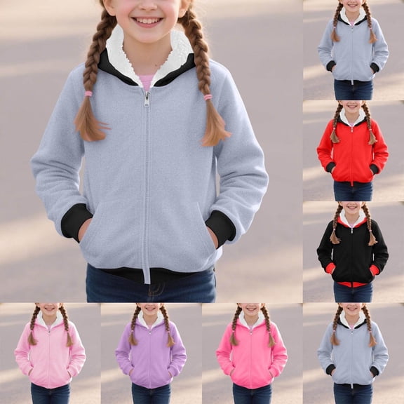 Mwjwdo Savings Girls Hoodie - Cozy Soft Fleece Sherpa Lined Zip Up Hoodie Sweatshirt for Girls Long Sleeve Zipper Hooded Top with Shoulder Inserts Black 5 Years