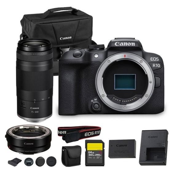 Canon EOS R10 Mirrorless Camera 24.2MP APS-C Sensor 4K Video Dual Pixel AF Compact Lightweight Vlogging Travel Camera (5331C002)   Canon RF 75-300mm Lens   Adapter EF-EOS R   64GB Card   Bag