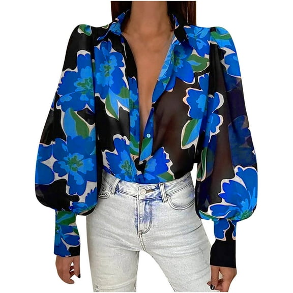 ICHUANYI 2023 Women's Button Down Shirts Long Puff Sleeve Blouses V Neck Casual Print Work Tops