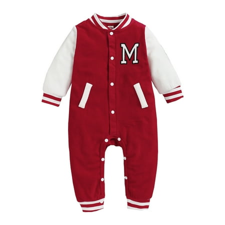 

OLLUISNEO Newborn Baby Boys Romper Winter Romper Letter Printed Single-row Buttons Long Sleeve One-piece Jumpsuit 3-6 Months Red