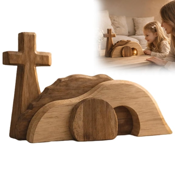 Wooden Empty Tomb Easter Resurrection Scene for Tabletop, Brown Christian Home Decor