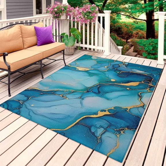 Modern Turquoise Outdoor Rug for Patio/Deck/Porch, Non-Slip Large Area Rug 3 x 5 Ft, Abstract Teal Gold Marble Textured Indoor Outdoor Rugs Washable Area Rugs, Reversible Camping Rug Carpet Runner