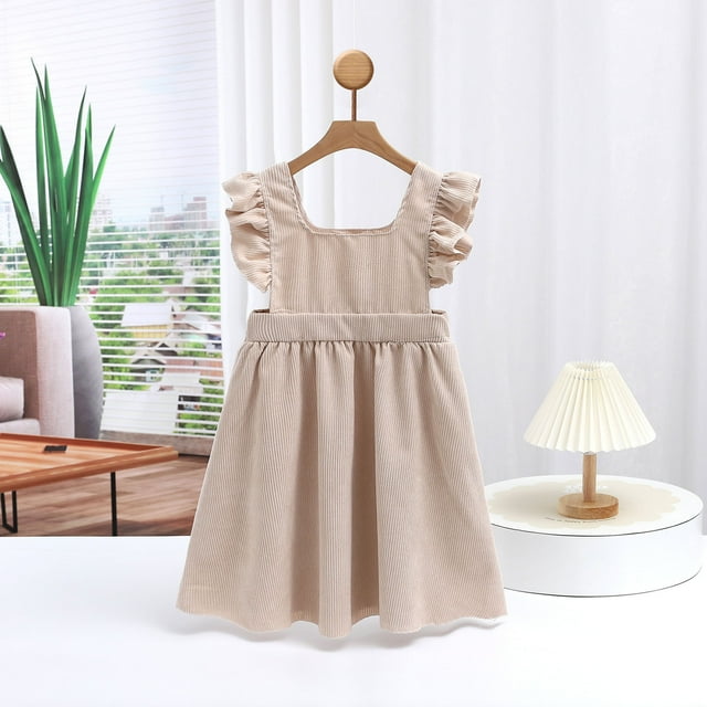 MKOSPLRT Robes d'Été pour Fille Tout-Petit Manches à Volants Col Carré Robe en Velours Côtelé Robe Débardeur Plissée Unie Robe de Fête d'Anniversaire Mignonne